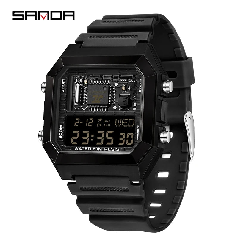 SANDA 6216 Men's Digital Sport Watch - Square LED Display, Waterproof Alarm & Stopwatch