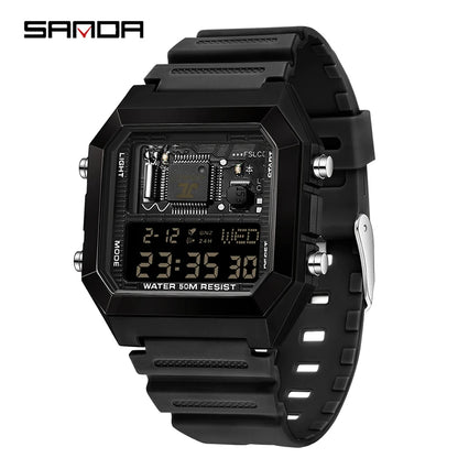 SANDA 6216 Men's Digital Sport Watch - Square LED Display, Waterproof Alarm & Stopwatch