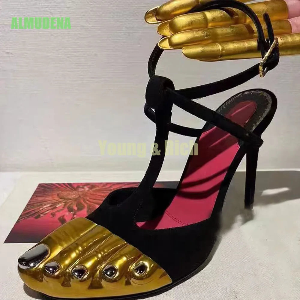 Gold Five-Toe High-Heel Sandals for Women - Slim Ankle Strap Dress Slippers