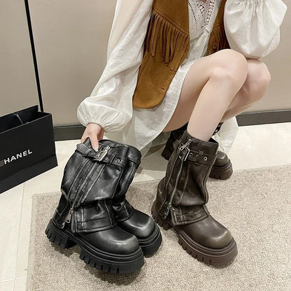 2023 New Women's Mid-Calf Boots – Fashion Belt Buckle, Side Zipper, Round Toe, High Quality