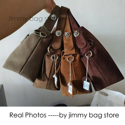 Simple Autumn Winter Grey & Brown Boston Tote — Soft Matte Suede Cow Leather Women's Shoulder Handbag