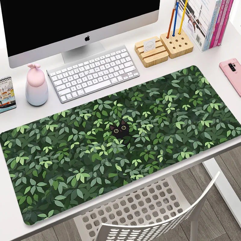 Cute Cat Gaming Mouse Pad - XL Green Plant Design XXL Desk Mat for Keyboard Computer Laptop Gamer Setup