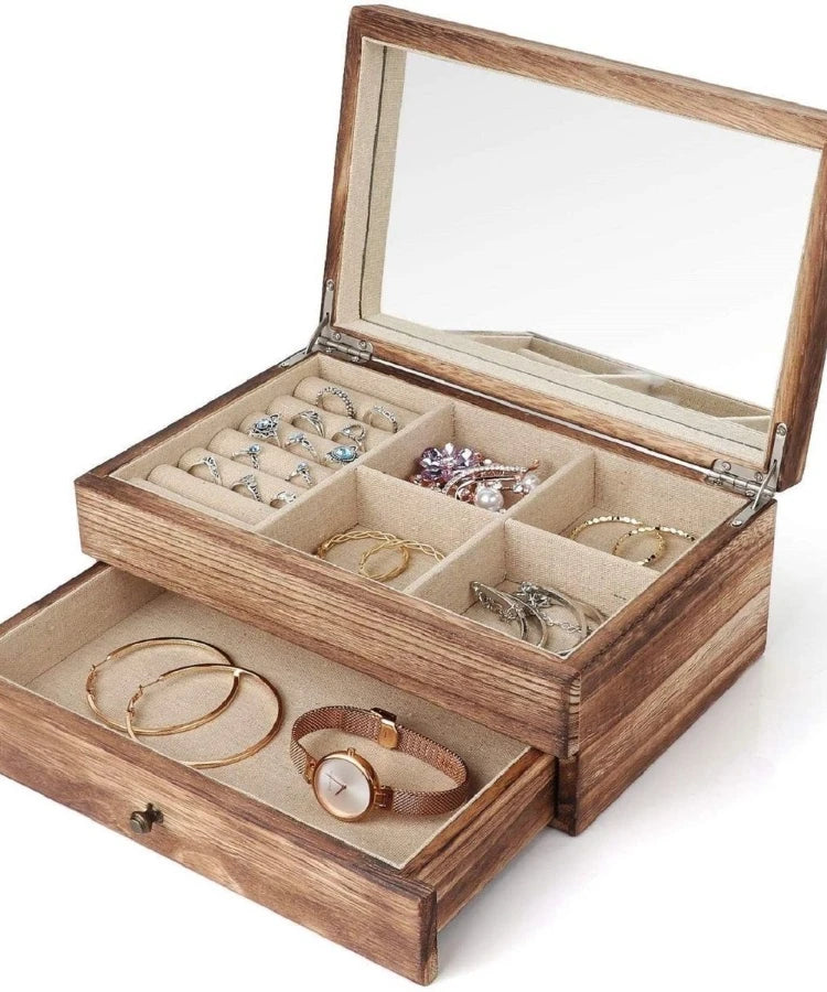 Vintage Solid Wood Jewelry Box – Two-Layer Necklace & Earring Display with Mirror