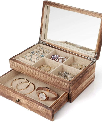 Vintage Solid Wood Jewelry Box – Two-Layer Necklace & Earring Display with Mirror
