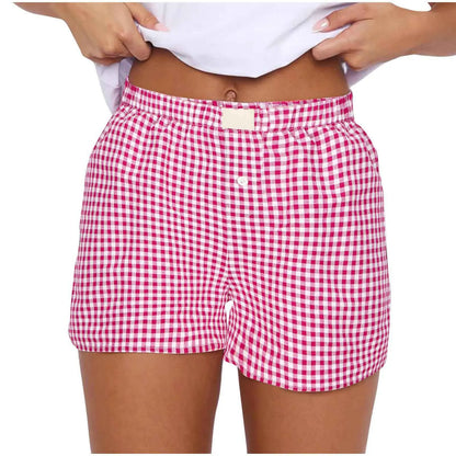Women’s Teen Girls Elastic Waist Pull-On Red & Blue Plaid Casual Lounge Summer Shorts