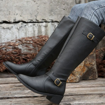 Women’s Winter High-Top Knight Boots – Side Zipper & Belt Buckle, Pointed Toe, PU Material with Cotton Lining