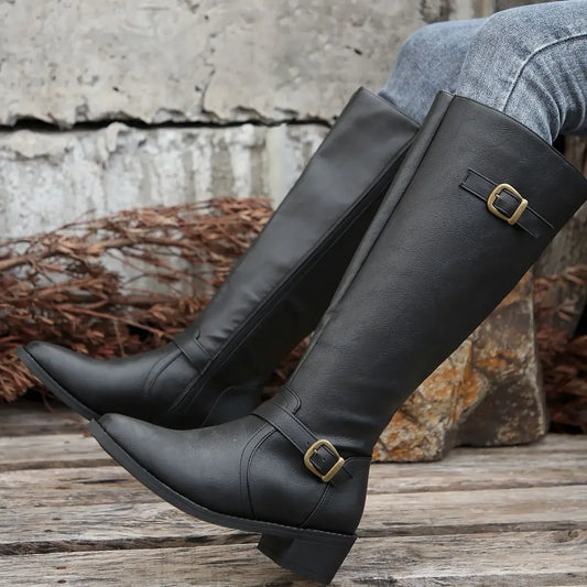 Women’s Winter High-Top Knight Boots – Side Zipper & Belt Buckle, Pointed Toe, PU Material with Cotton Lining