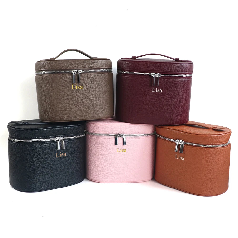 Custom Name Cosmetic Bag - Portable Large Capacity PU Leather Makeup Organizer with Internal Storage Box for Travel