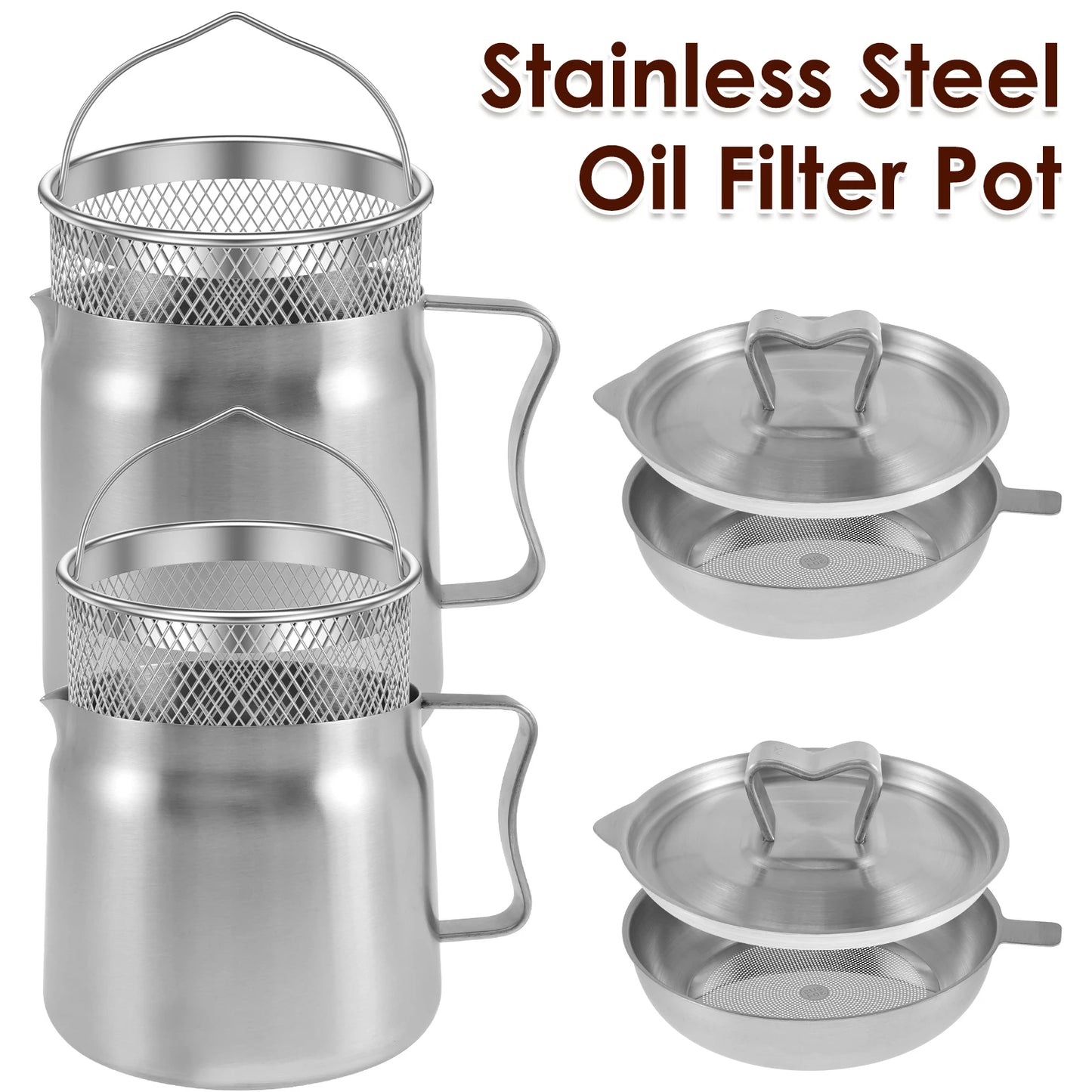 2L/1.5L Stainless Steel Oil Filter Fry Basket – Fine Mesh Strainer Pot for Oil Storage and Kitchen Grease
