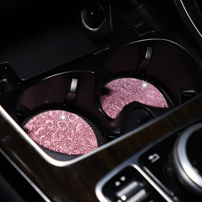 Waterproof Car Cup Holder Set - Glitter Leopard Print TPU Anti-Slip Interior Accessories