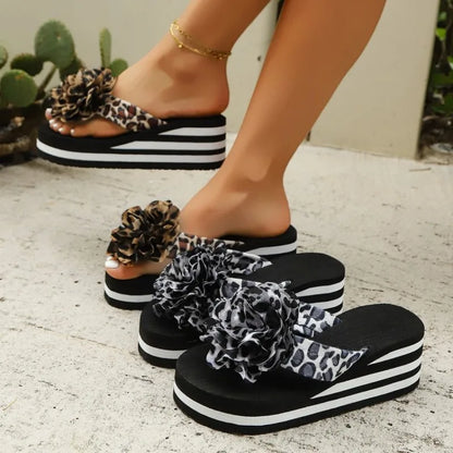 Women’s Leopard Floral Wedge Sandals - Soft Comfortable Summer Beach Slippers