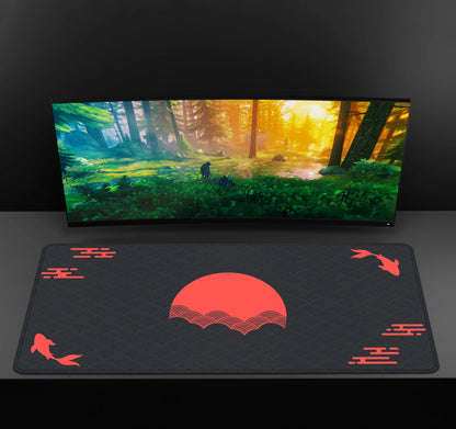 Japanese XXL Desk Mat 90x40 — Black & Red Koi Fish Gaming Mouse Pad, Sunrise Art Rubber Mousepad