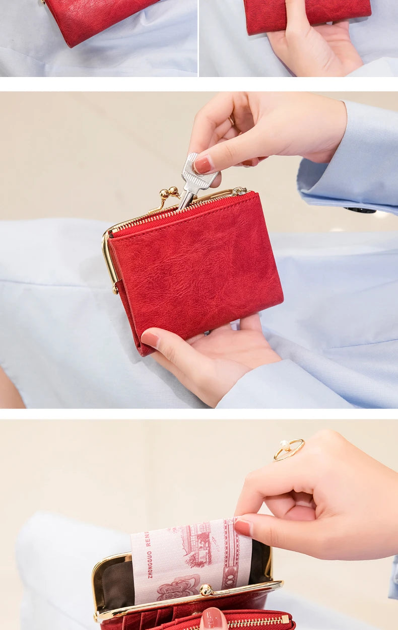 MIYIN Women’s Small Wallet – RFID Compact Bifold Leather Coin Purse with Zipper & Kiss Lock, Vintage Design