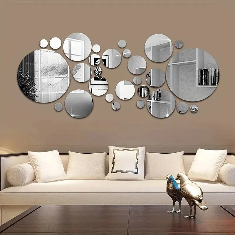 26-Piece 3D Acrylic Mirror Wall Stickers - Round DIY Decorative Tiles for Bedroom, Bathroom & TV Background Decor