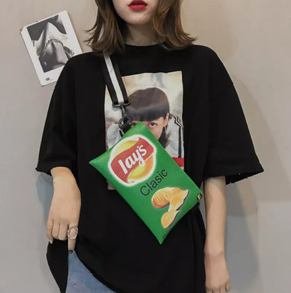 Funny Potato Chips Crossbody Handbag: Canvas Shoulder Bag with Mini Cartoon Printing - Girl Envelope Bags, Cute Purse for Women