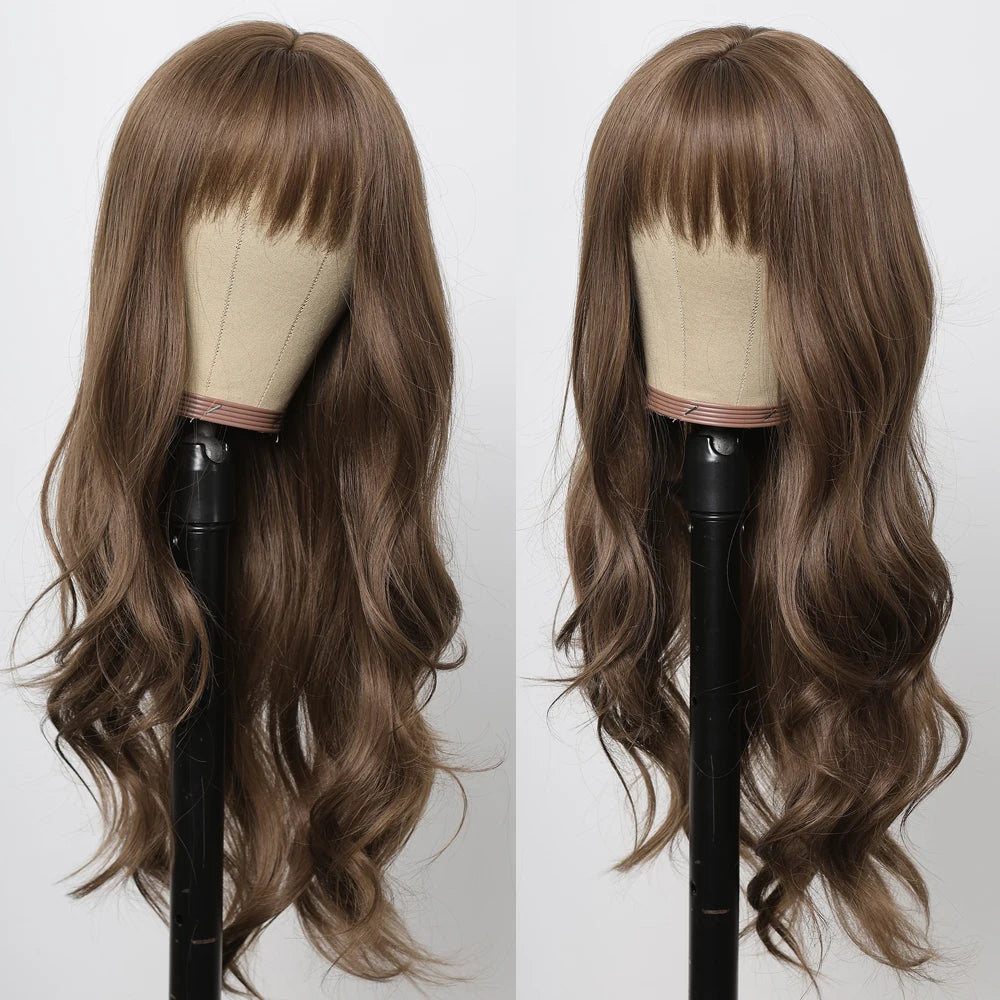 Copper Ginger Red Brown Synthetic Wig – Long Fluffy Wavy Wig with Bangs, Heat-Resistant Cosplay & Daily Wear Hair for Women