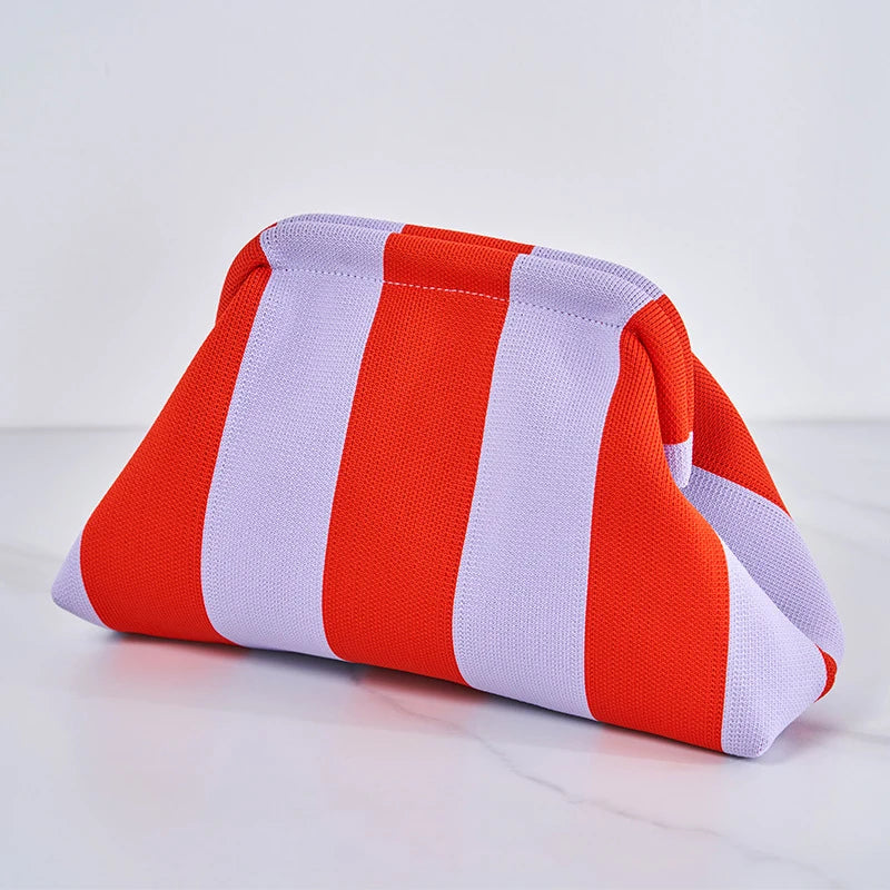 Women’s Summer Woven Crochet Clutch Bag – Ruched Cloud Dumpling Handbag, Colorblock Knit Beach Purse for Casual Use