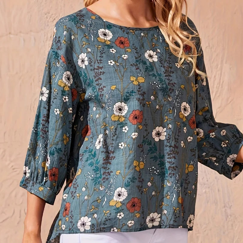Plus Size Women's Floral Print Shirt - Loose Round Neck Lantern Sleeve Casual Office Top