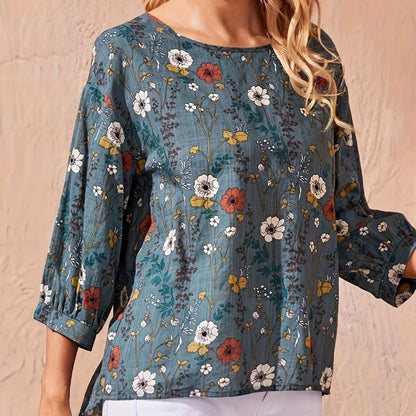 Plus Size Women's Floral Print Shirt - Loose Round Neck Lantern Sleeve Casual Office Top