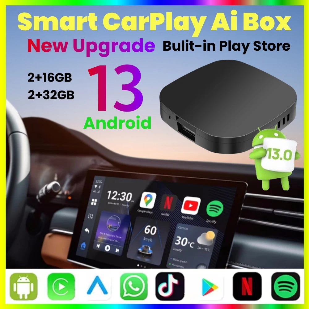New Smart CarPlay AI Box Android 13 – Wireless Android Auto TV Box with WiFi, Built-in Play Store, Netflix and YouTube for OEM CarPlay Cars