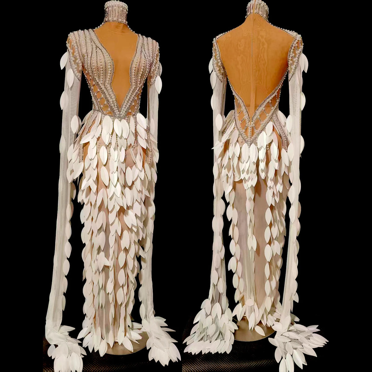 3D Gold Feather Rhinestone Split Dress - Evening Dance, Catwalk & Stage Performance Outfit