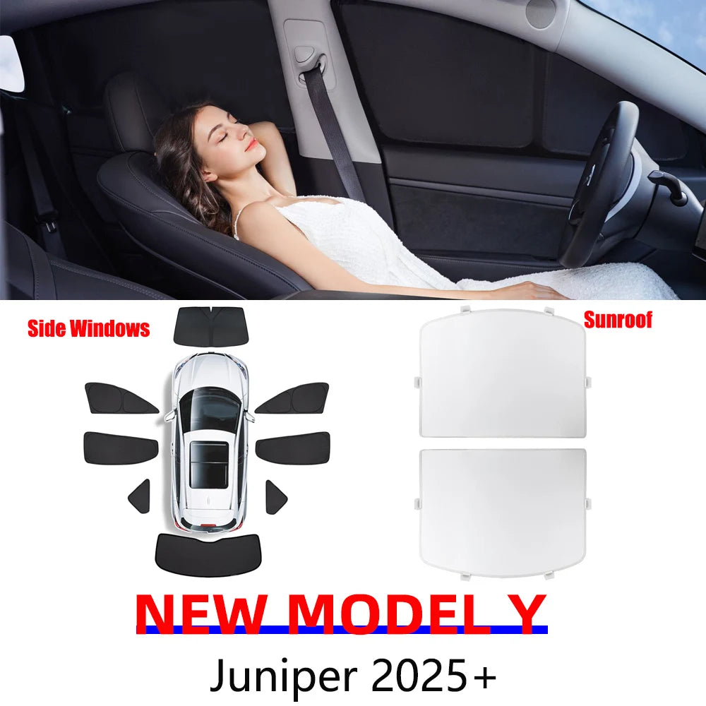 Tesla Model Y Juniper 2025–2026 Sunshade Set – Front, Rear & Side Window Sun Shades, Windshield UV Protection, Outdoor Camping Car Accessories