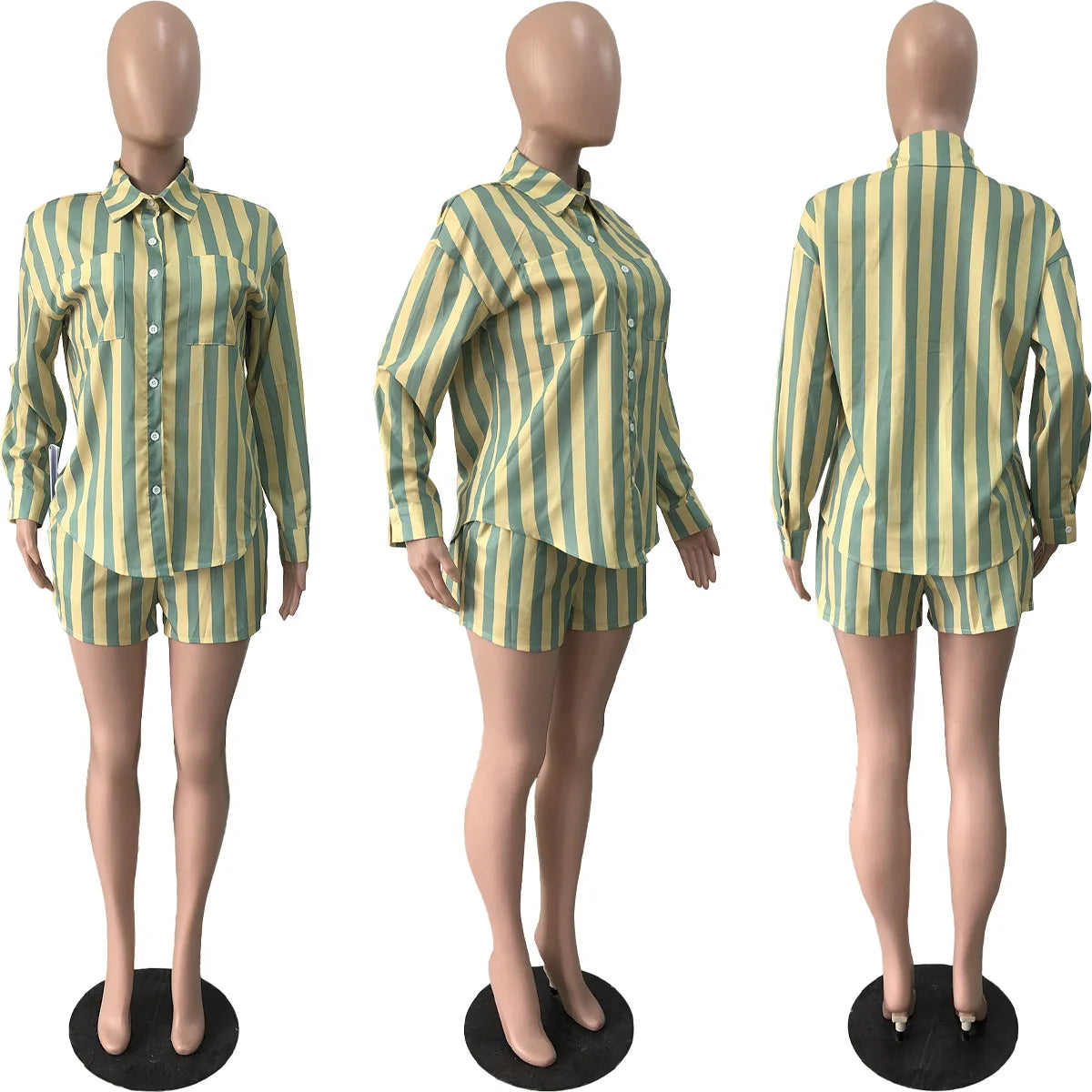 2025 Women’s Casual Striped Shorts & Long Sleeve Shirt Set – Spring Summer Office & Vacation Outfit