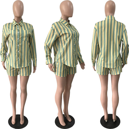2025 Women’s Casual Striped Shorts & Long Sleeve Shirt Set – Spring Summer Office & Vacation Outfit