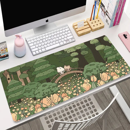 Cute Cat Gaming Mouse Pad - XL Green Plant Design XXL Desk Mat for Keyboard Computer Laptop Gamer Setup