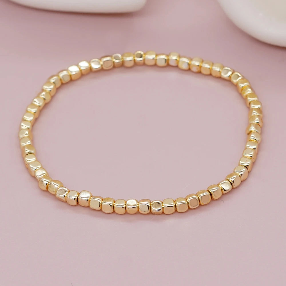 Go2boho Hematite Stone Beaded Bracelet – Handmade Gold Elastic Stretch Stackable Unisex Jewelry