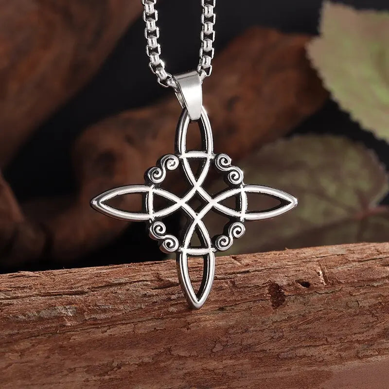 Witch Knot Necklace – Stainless Steel Magic Celtic Knot Pendant, Pagan Witchcraft Symbols, Jewelry Gift for Women