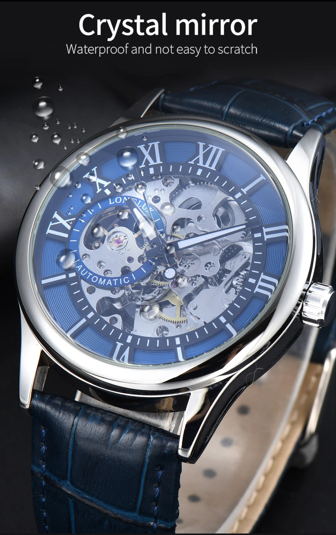 LONGLUX Rome Automatic Mechanical Waterproof Men’s Watch – Hollow Dial Leather Wristwatch Gift