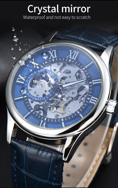 LONGLUX Rome Automatic Mechanical Waterproof Men’s Watch – Hollow Dial Leather Wristwatch Gift