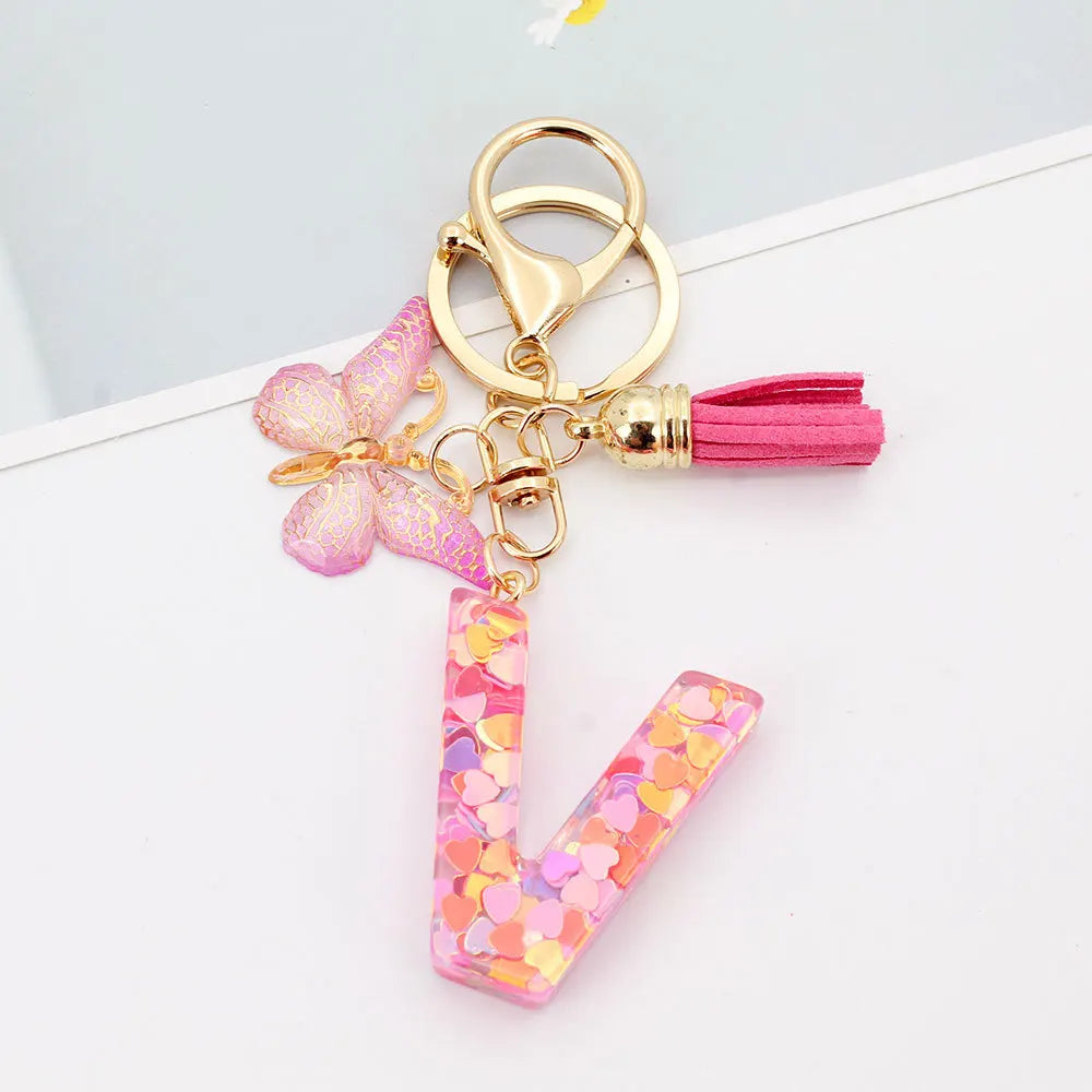 A-Z Letter Acrylic Keychain - Pink Butterfly Tassel Bag Charm & Key Ring