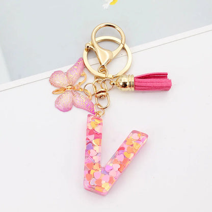 A-Z Letter Acrylic Keychain - Pink Butterfly Tassel Bag Charm & Key Ring