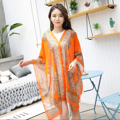 Women’s Summer Beach Shawl – Loose Chiffon Bikini Cover-Up Blouse with Buttons Sun Protection Scarf