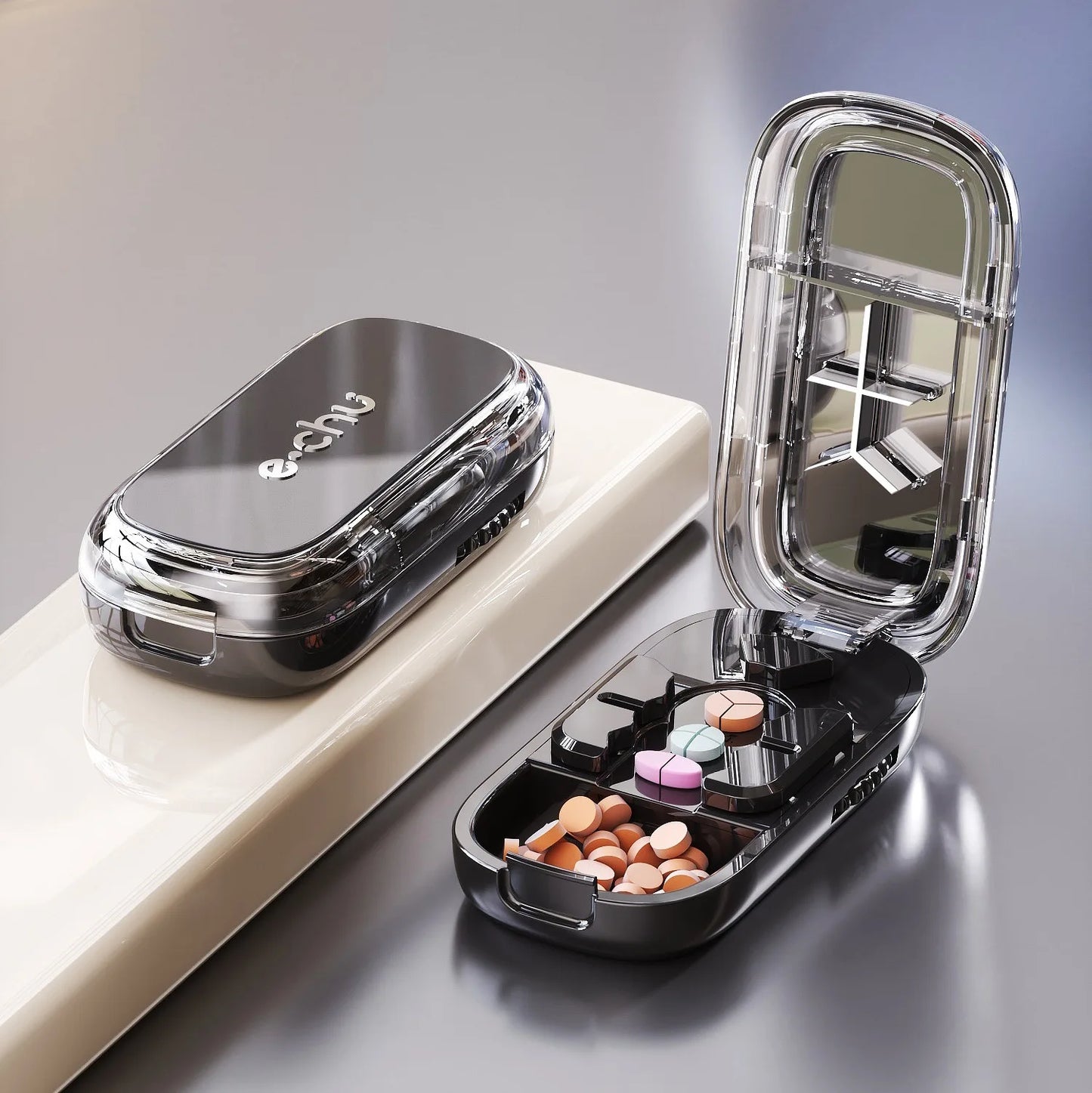 Quartering Pill Cutter & Storage Box – Portable Dustproof Medicine Tablet Crusher with Divider Organizer