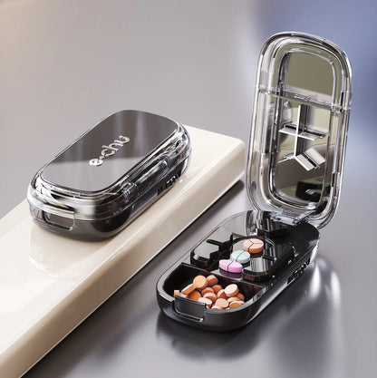 Quartering Pill Cutter & Storage Box – Portable Dustproof Medicine Tablet Crusher with Divider Organizer