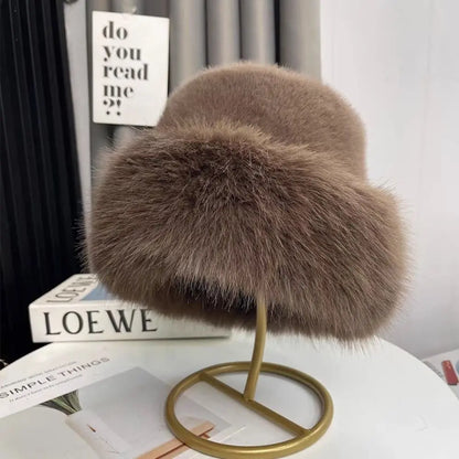 Fluffy Fur Fisherman Hat for Women – Winter Plush Ear Protection, Windproof Warm Solid Fashion Bucket Cap