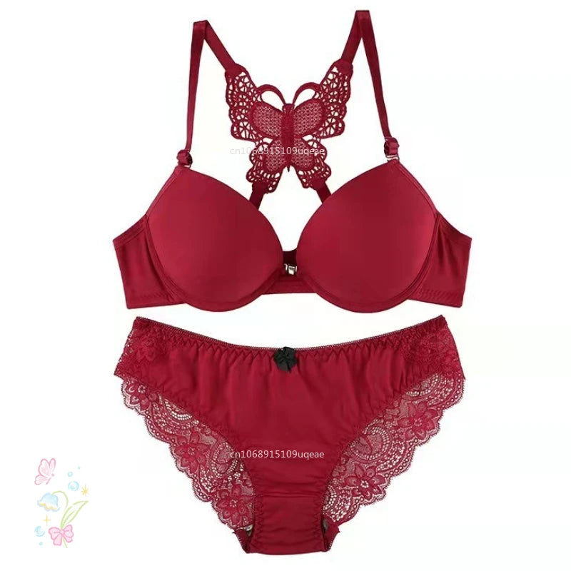 Women Butterfly Front Buckle Bra & Brief Set – Detachable Double Strap Sexy Sheer Lingerie Romantic Underwear Set