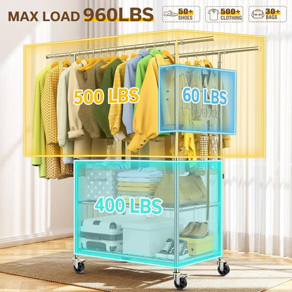 100% Stainless Steel Heavy Duty Clothes Rack – Double Rod Clothing Rack with 960LBS Load Capacity