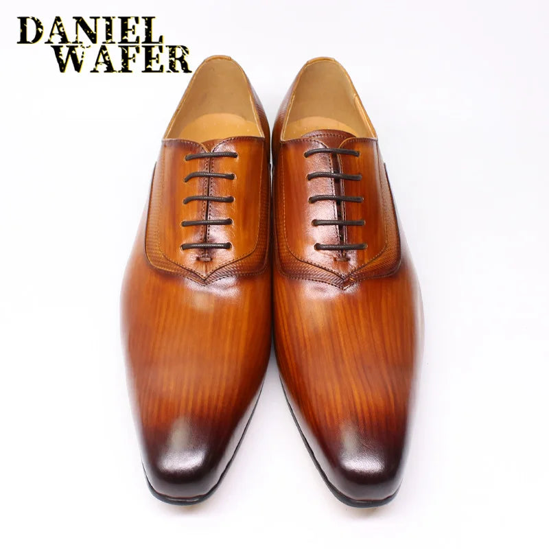 Luxury Men’s Genuine Leather Oxford Shoes - Handmade Pointed Toe Lace-Up Wedding & Formal Dress Shoes