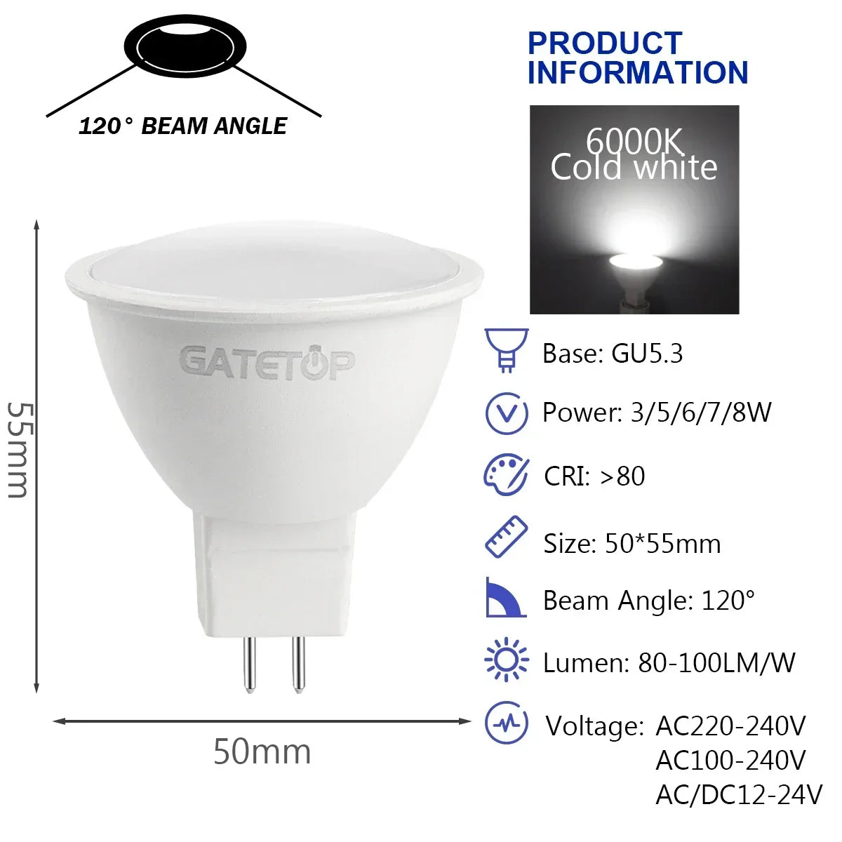 10PCS MR16 GU5.3 LED Bulb – Full Voltage AC/DC 12V–220V Spotlight, Flicker-Free White Light for Home, Study & Indoor Lighting