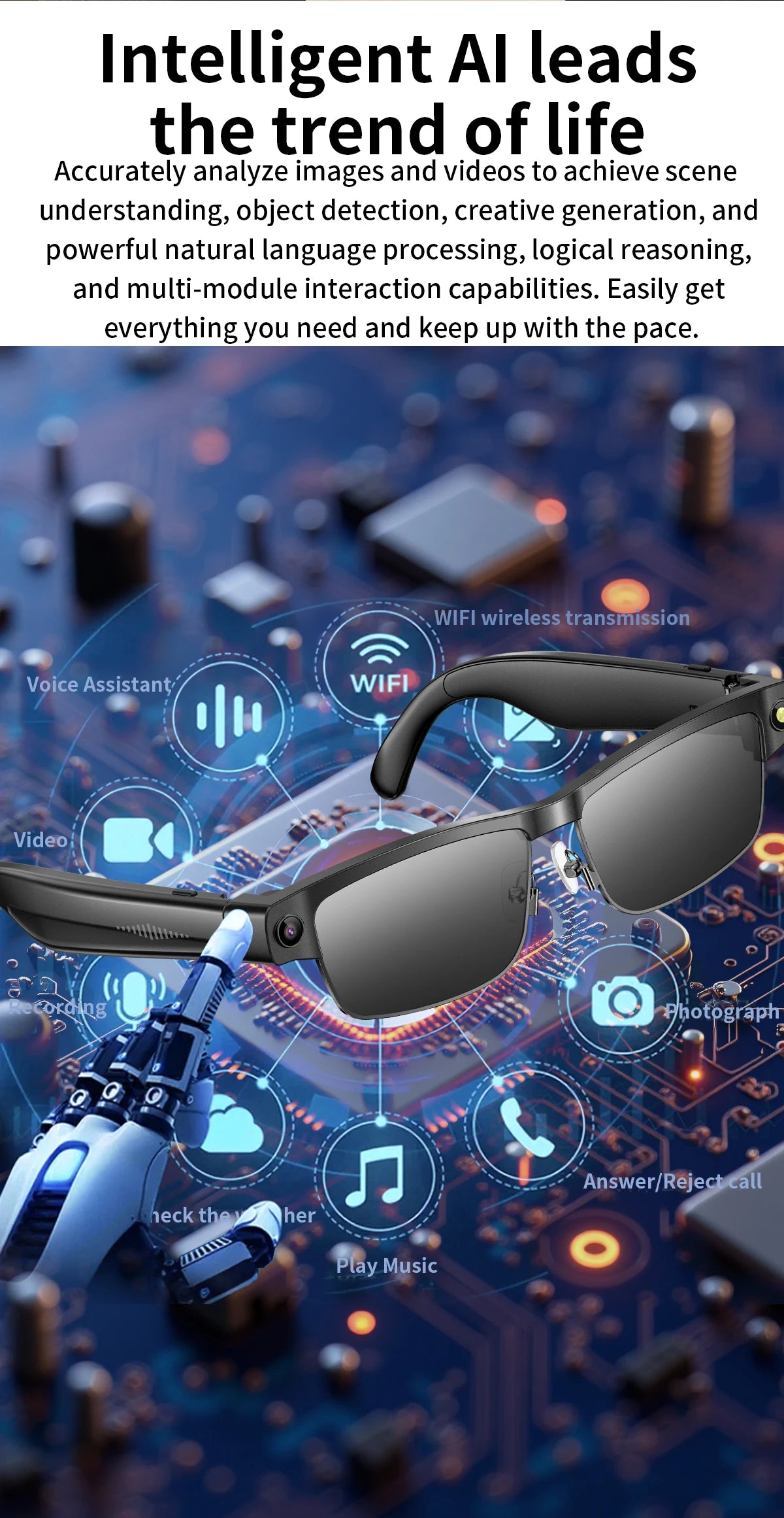 AI Smart Camera Glasses — 8MP with Bluetooth for Calls & Music, Object Recognition, and AI Translation