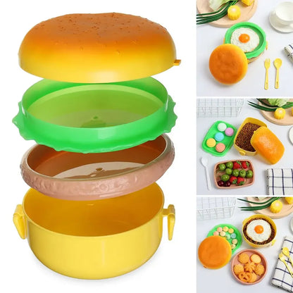 Cute Double Tier Hamburger Lunch Box - Microwaveable Bento Box for Children's School Meals with Fork Tableware Set
