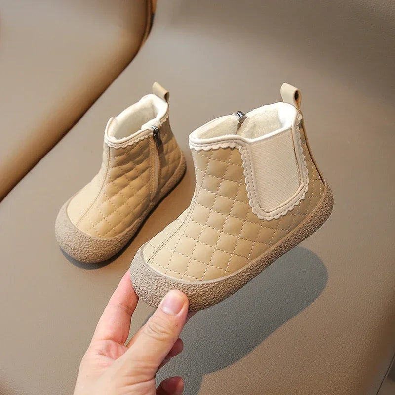 Autumn Winter Baby Girls Boots — Waterproof, Windproof, Non-Slip Plush Ankle Shoes for Kids