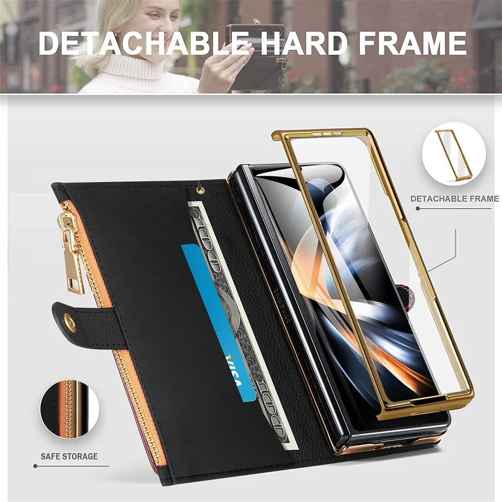 Leather Card Wallet Case with S Pen Slot for Samsung Galaxy Z Fold 6/5/4/3/2 — Multifunctional Zipper Protection Cover