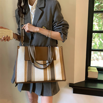MOODS Quality Canvas Tote Bag for Women 2023 – Luxury Designer Handbag, Contrast Color Striped, Big Shoulder Crossbody Shopper Totes