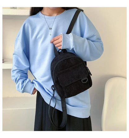 Women's Mini Backpack - Fashionable Solid Color Corduroy Casual Schoolbag with Large Capacity