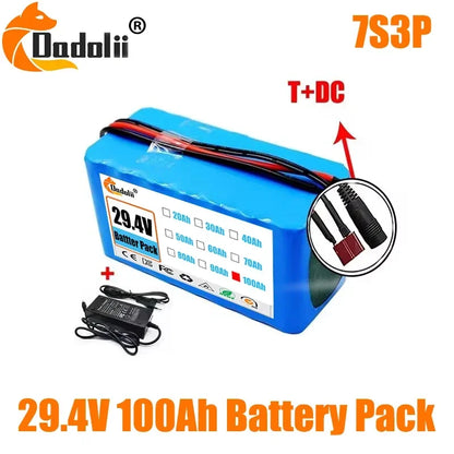 29.4V 100Ah 7S3P 18650 Lithium-Ion Battery Pack — Suitable for 24V–29.4V Motors with 2A Charger